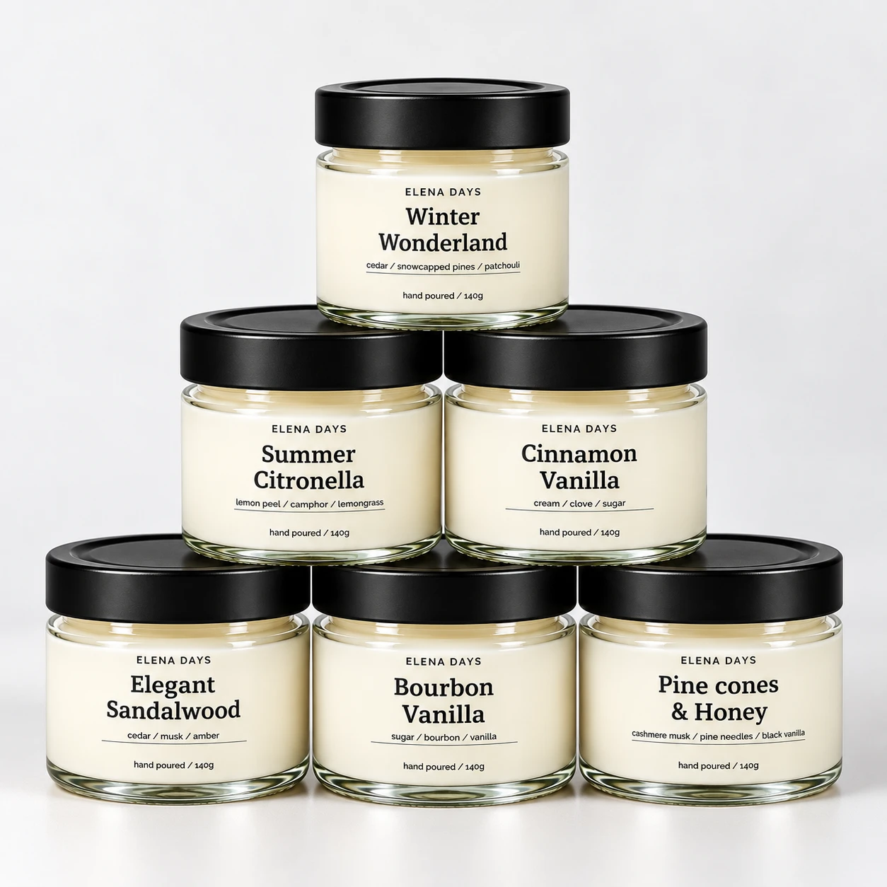 ELENA DAYS Helle Kollektion: Winter Wonderland, Summer Citronella, Cinnamon Vanilla, Elegant Sandalwood, Bourbon Vanilla, Pine cones & Honey